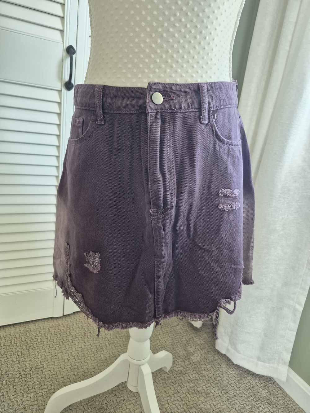 NWT Cider Purple Distressed Denim Mini Skirt